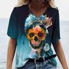 2022 New Women's T-shirts Skull Print Women's Short-sleeved Tops V-neck Pullover Streetwear Oversized T-shirts Summer Clothing