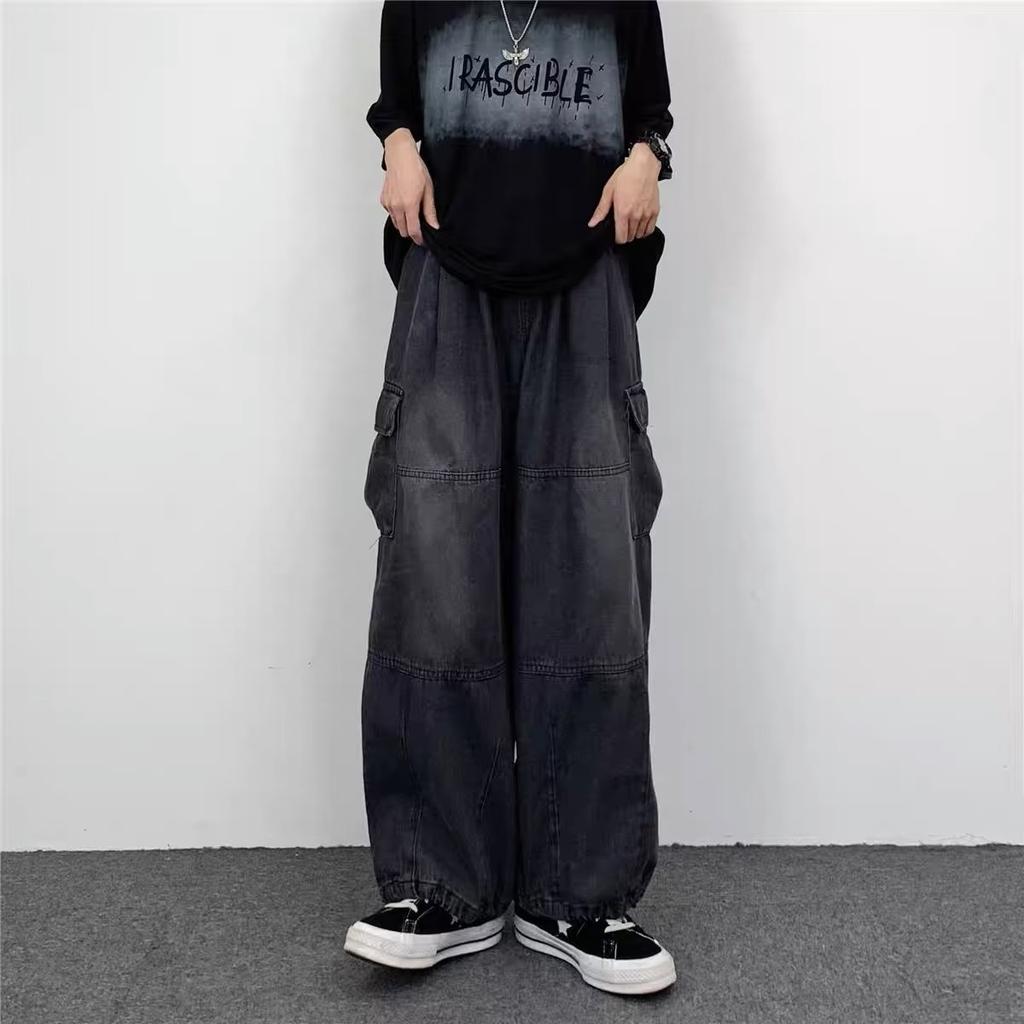 Men's Japanese Retro Wide Leg Large Pocket Workwear Jeans Loose Straight Jeans