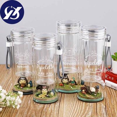 Креативный милый мультфильм Тоторо, стеклянная портативная чашка для питья, двухслойная микро-пейзажная чашка с крышкой и веревкой, бутылка для воды