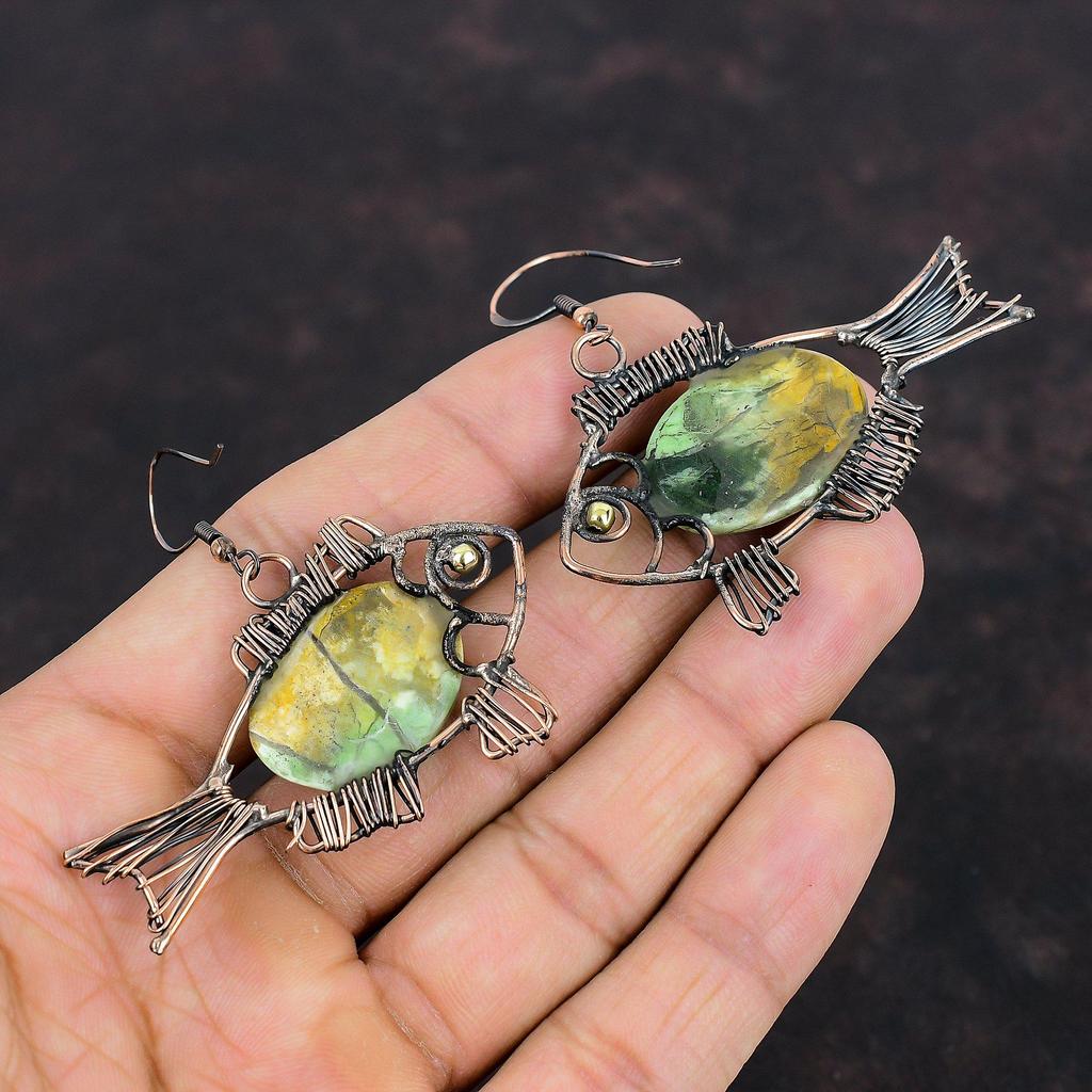Серьги из австралийского хрома и халцедона, обернутые медной проволокой, серьги с драгоценными камнями, серьги-рыбки, украшения из медной проволоки ручной работы, подарки для жены