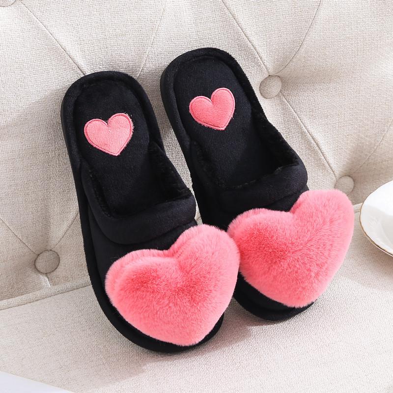 Women's Warm Winter Cotton Slippers - Non-Slip Cartoon Heart Design