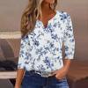 Women's Fashion Casual Floral Print V-Neck Decorative Button Three-quarter Sleeve T-Shirt Top