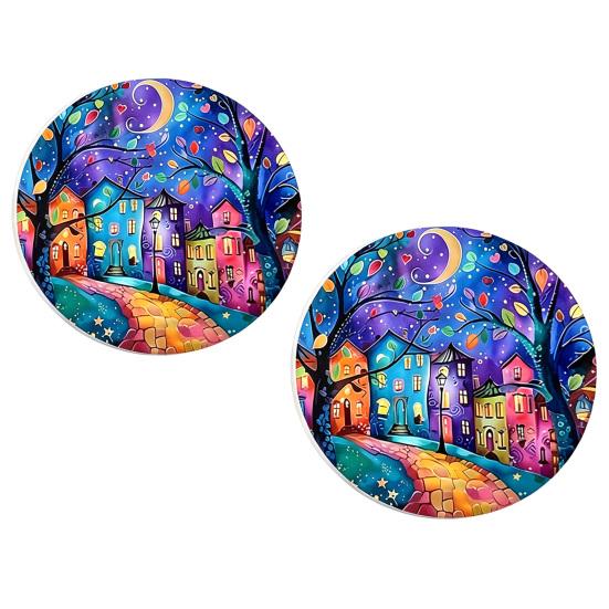 jijijing 2PCS Car Coasters, Oil Painting Print, Decorative Non-Slip Thermal Pads, Stain-Resistant Easy to Clean Cup Holders, for Home Kitchen
