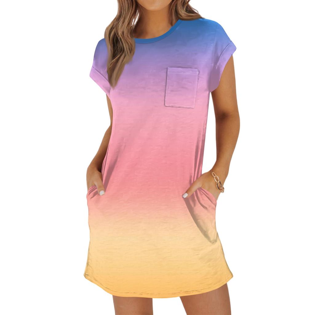 Женское модное повседневное летнее платье с градиентным принтом, коротким рукавом, круглым вырезом и карманами
