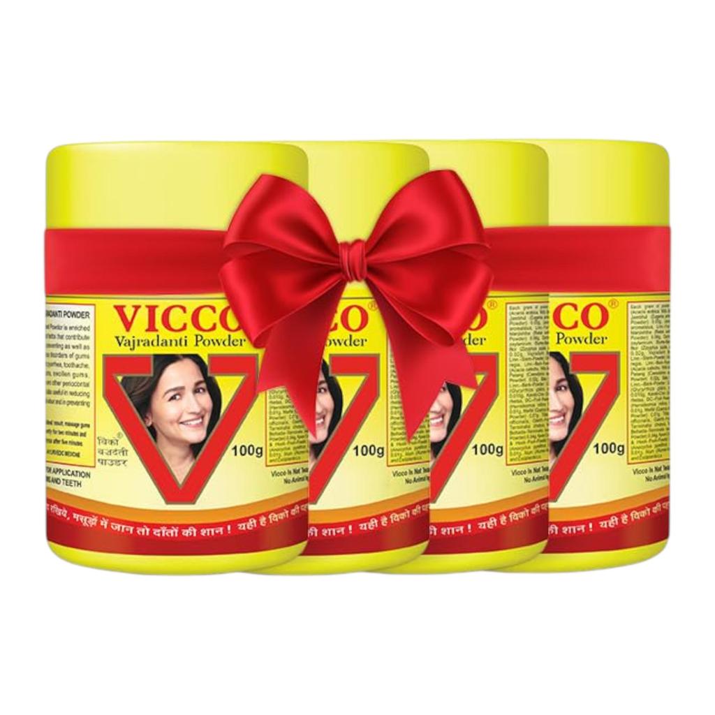 Vicco Аюрведическая зубная пудра Vajradanti 100 г Упаковка из 4 штук | Травяной уход за полостью рта для крепких зубов и здоровых десен