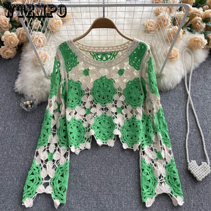 WTEMPO Осенние женские вязаные крючком кардиганы разноцветные винтажные вязаные свитера Y2k с длинным рукавом свободные пальто ажурные свитера