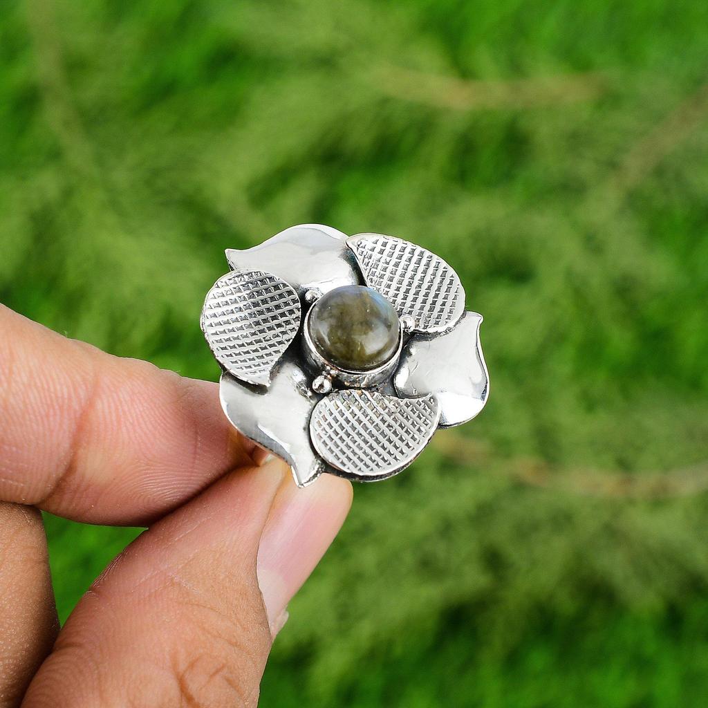 Gift For Her 925 Silver Natural Labradorite Statement Flower Adjustable Ring