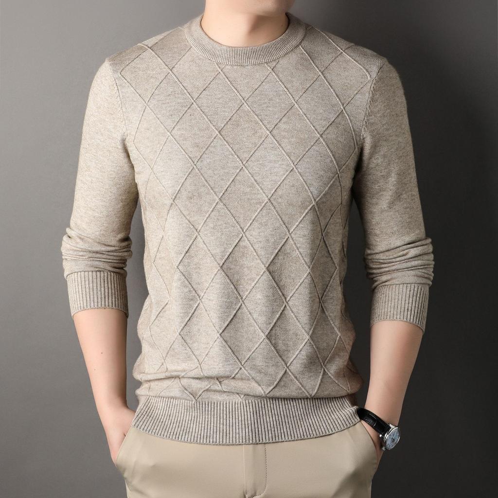 New Men's Sweater Round Neck Winter Wool-like Solid Color Long Sleeve Young and Middle-Aged Jacquard Slim Elastic Bottoming Top