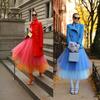 Womens Elastic High Waist Pleated Midi Tulle Skirts