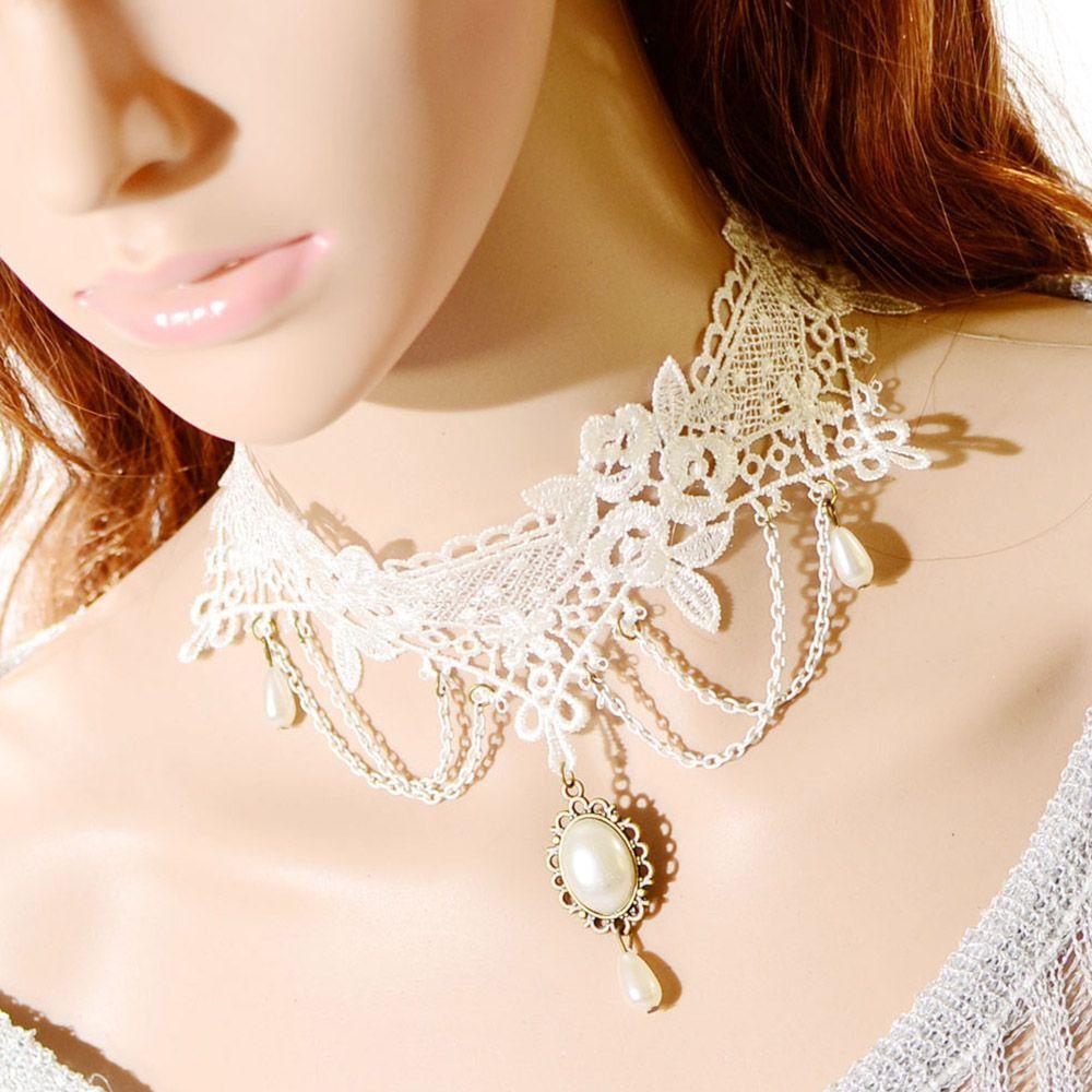 Elegant Punk Imitation Pearl Wedding Lace Necklace Women Jewelry Bridal White Choker