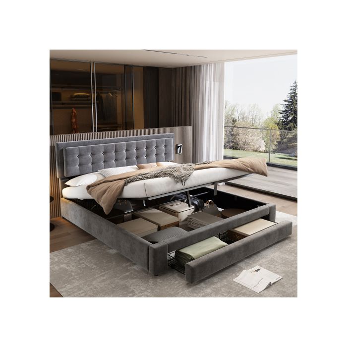 Lit avec coffre et tiroirs - MUVOE - 180 x 200 cm - Tissu velours - Réglable - Gris