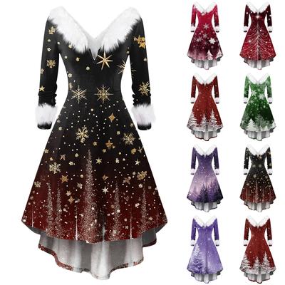 Женское модное повседневное приталенное платье с рождественским принтом для вечеринки с длинными рукавами