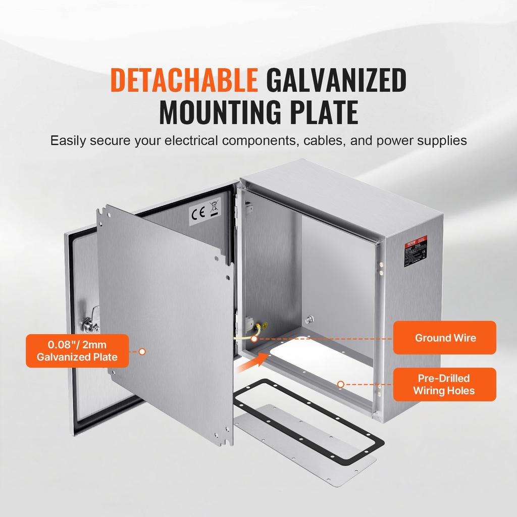VEVOR NEMA Stainless Steel Enclosure, 300 x 300 x 200 mm NEMA 4X Steel Electrical Box, IP66 Waterproof & Dustproof