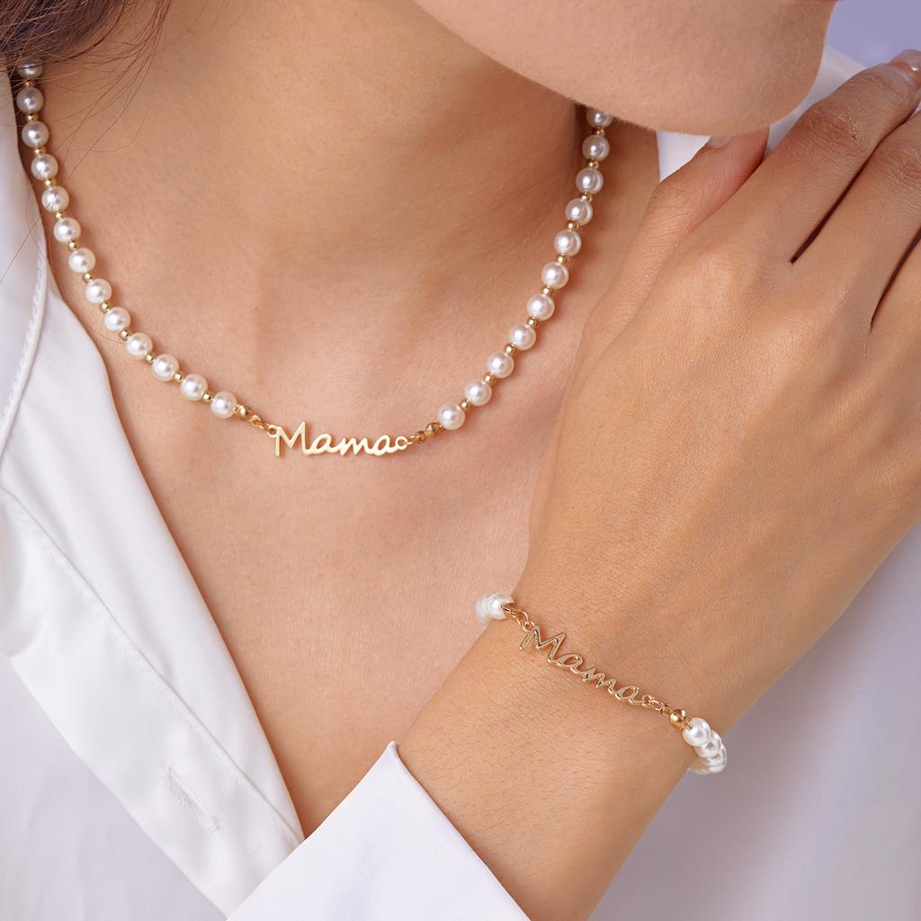 New Elegant Mother's Day Imitation Pearl Bracelet Charm Mama Letter Pendant Stainless Steel Bracelet for Women Jewelry Mom Gift