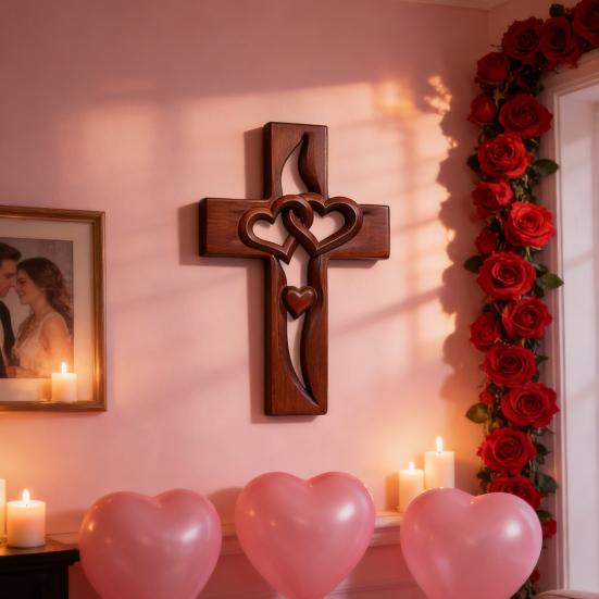 Деревянное настенное украшение «Переплетенные сердца» Ручная резьба Двойные сердца Настенная скульптура Украшение для дома Гостиная Настенное подвесное украшение Христианский религиозный орнамент