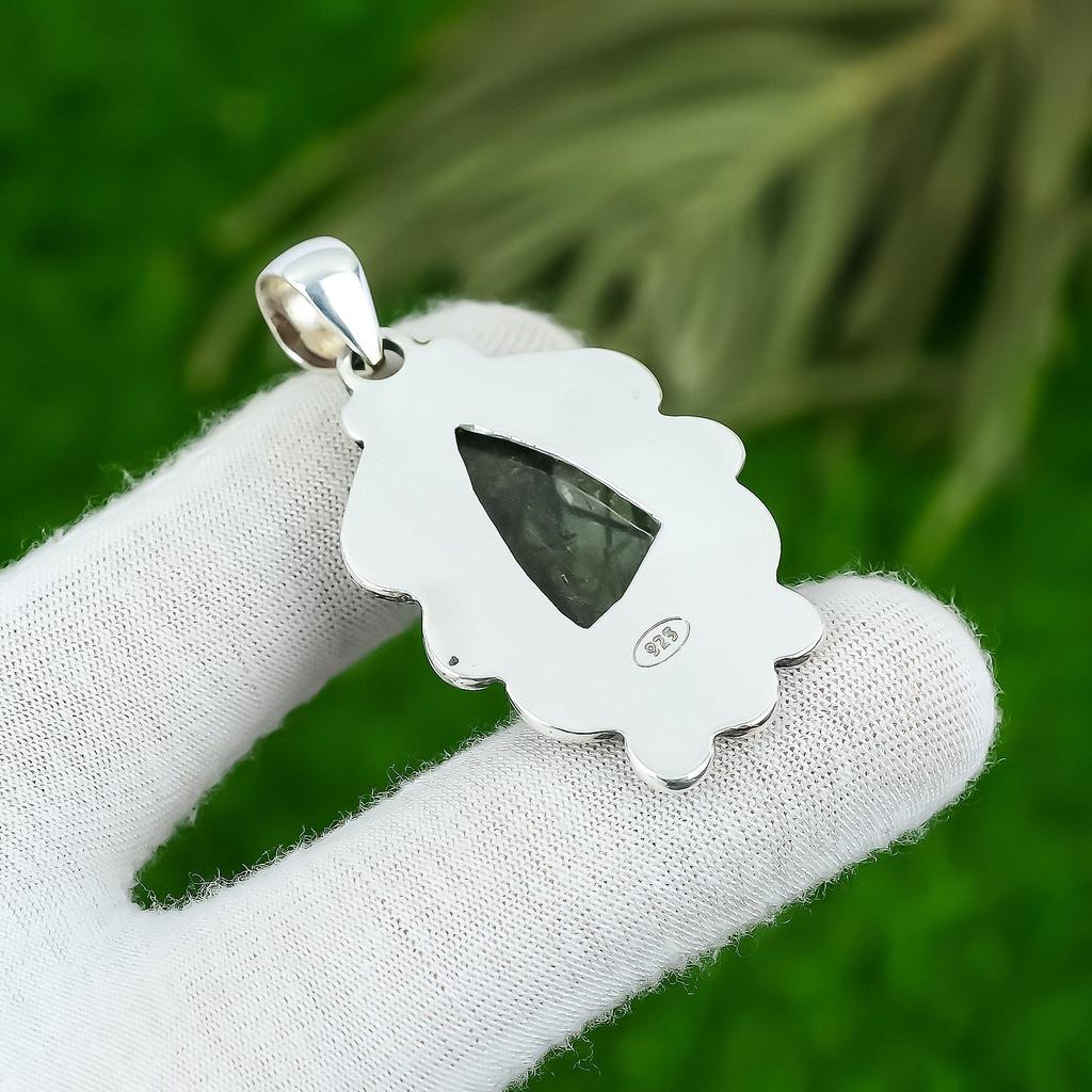 Natural Moss Prehnite 925 Silver Bezel Mother Anniversary Wedding Boho Pendant