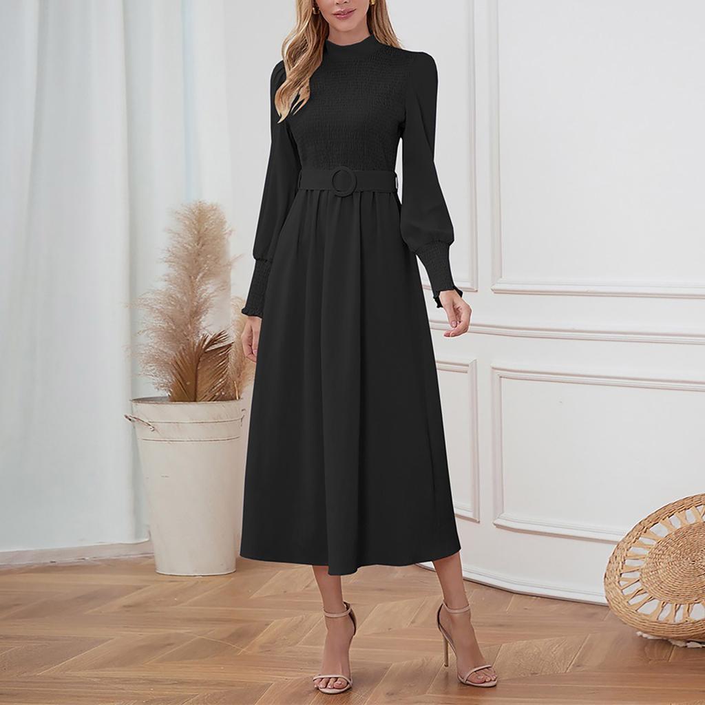 Женское сплошное цветное высокое круглое большое свободное платье с длинными рукавами, облегающее длинное платье