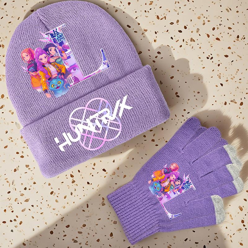 K-Pop Demon Hunters Girls Children Knitted Hat Gloves Cute Cartoon Letter Warm Cap Screen Gloved Kids Birthday Gifts 2PCS A Set