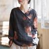 Johnature Women Chinese Style Shirts Tops V-Neck Long Sleeve Spring Print Floral Blouses Women Vintage Ramie Shirt
