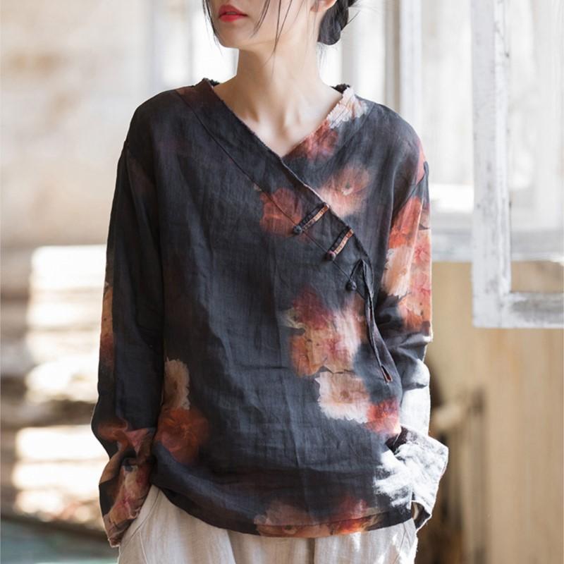 Johnature Women Chinese Style Shirts Tops V-Neck Long Sleeve Spring Print Floral Blouses Women Vintage Ramie Shirt