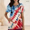 Women Plus Size Keyhole Neck Short Sleeve Star Printed Navy Nurse Scrub Top With Front Pockets
