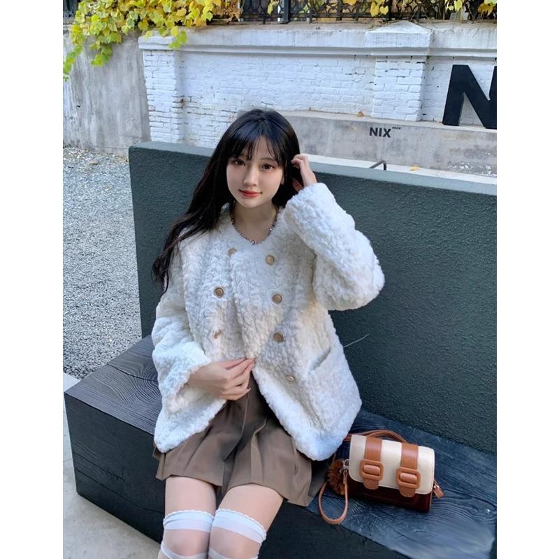 Lamb Wool Coat Women's Winter Small Fragrant Style Loose Thickened Plush White Fur Top Cotton Coat