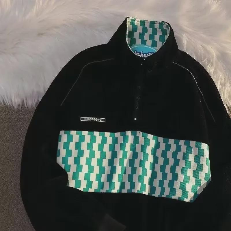 Мужская модная свободная вафельная толстовка с полумолнией и бархатной подкладкой для тепла осенью/зимой