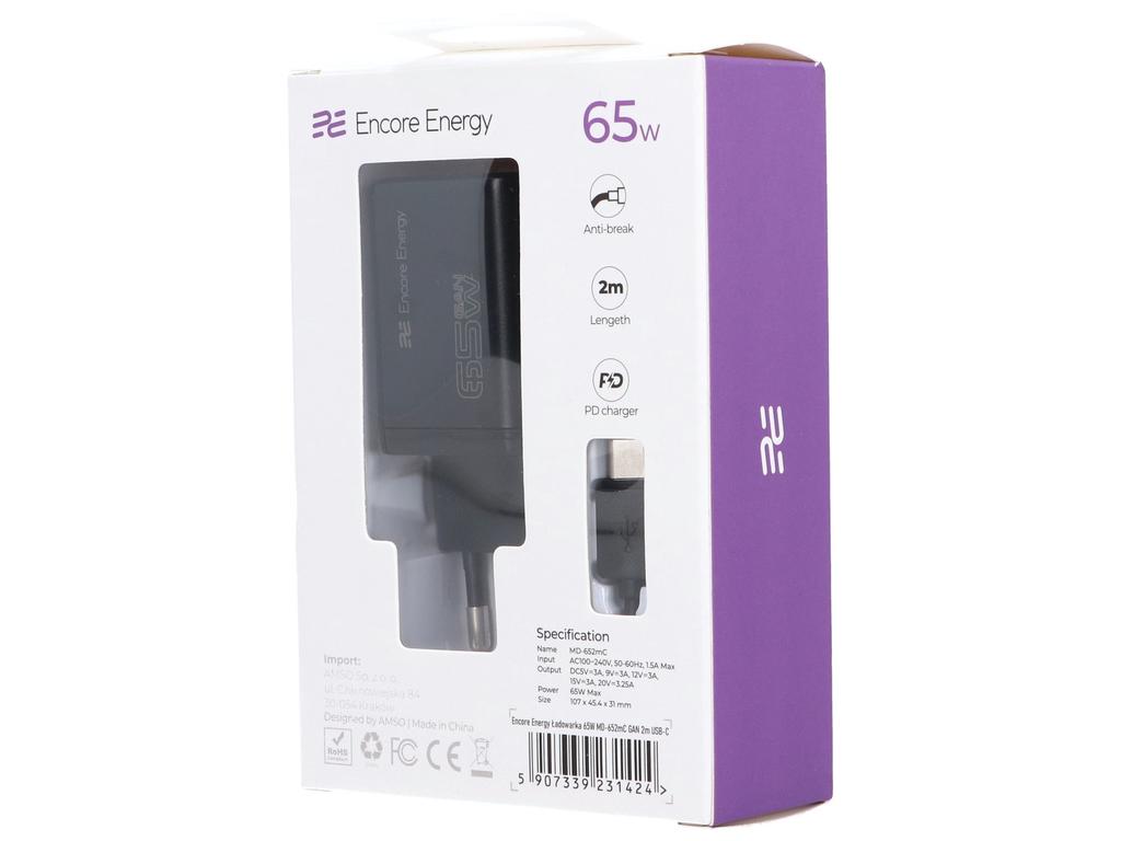 New Encore Energy MD-652mC GaN 65W USB-C QC PD Wall Charger + 200cm USB-C Cable
