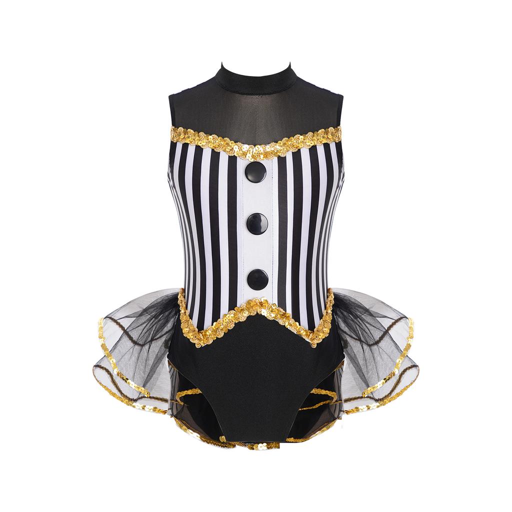 Kids Girls Sparkly Latin Dance Outfit Striped Leotard Mock Neck Open Back Design and Tulle Skirt Performance Wear