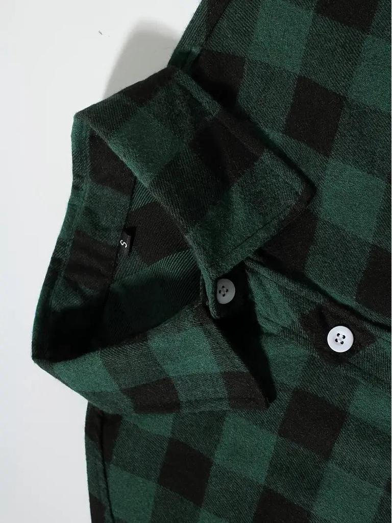 European Size Plaid Hooded Short-Sleeved Men's Cardigan Shirt with Double Pocket Flap