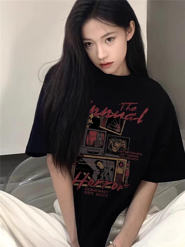 Женская футболка свободного кроя 2025 года из хлопка в стиле хип-хоп с рисунком из мультфильмов