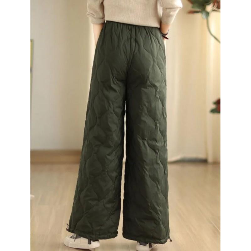 Women Winter Elastic Waist Padded Warm Trousers Solid Color Casual Wide Leg Sweatpants