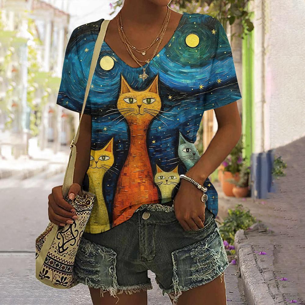 Women's T Shirt Funny Cat Print Casual Short Sleeve 3d T Shirts Summer Streetwear Crew Neck Pullover Oversized Female Clothing