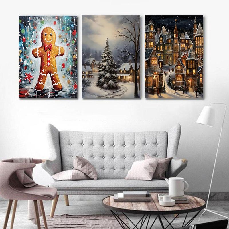 Merry Christmas Holiday Decorative Canvas Painting Nordic Santa Claus City Snow Scene Posters Living Room Wall Art Home Decor