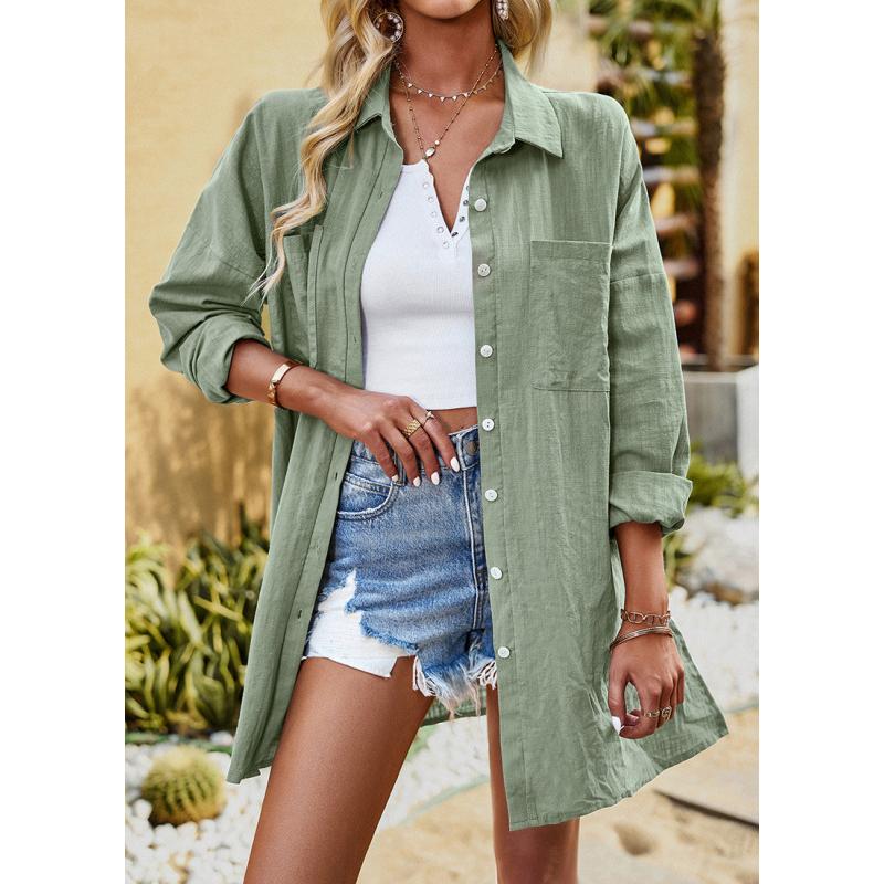 Женские летние рубашки, однотонный элегантный топ с длинными рукавами