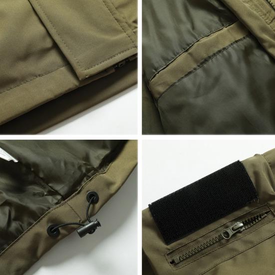 Men Casual Jacket Hooded Long Sleeve Windproof Jacket Multiple Pockets Full Zipper Closure Fastener Tape Trench Coat