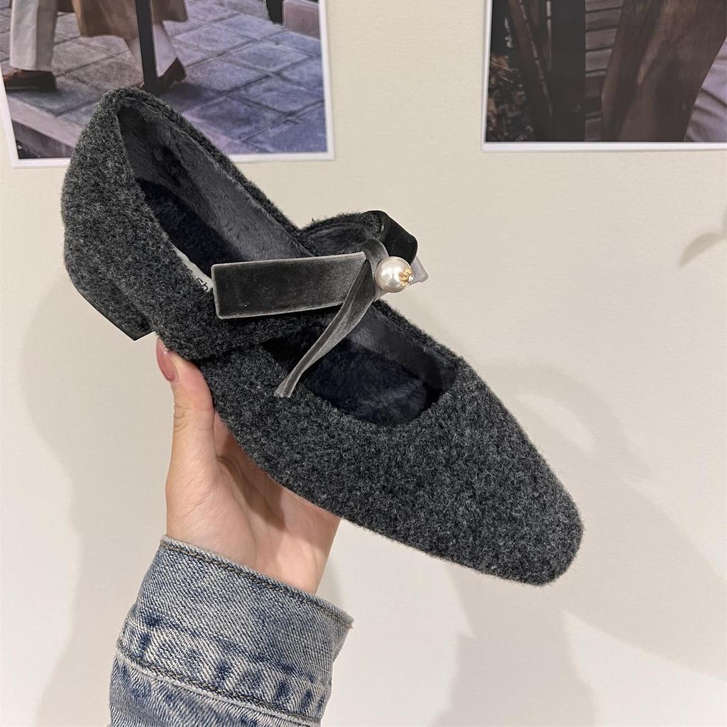 French Thick Heel Gray Single Shoes with Skirt Evening Shoes Women's Shoes 2025 Autumn and Winter Velvet Mary Jane Fluffy Shoes