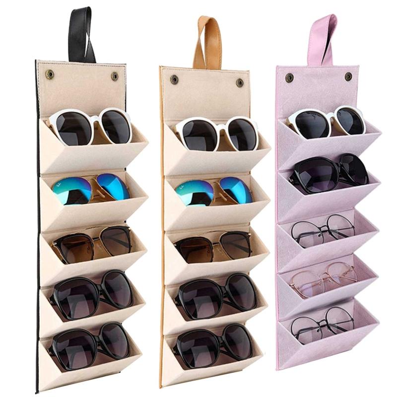 Eyeglass Sunglasses Organiser Collector Glasses Storage Box 5slots Roll Up PU Leather Sunglasses Holder Folding Case