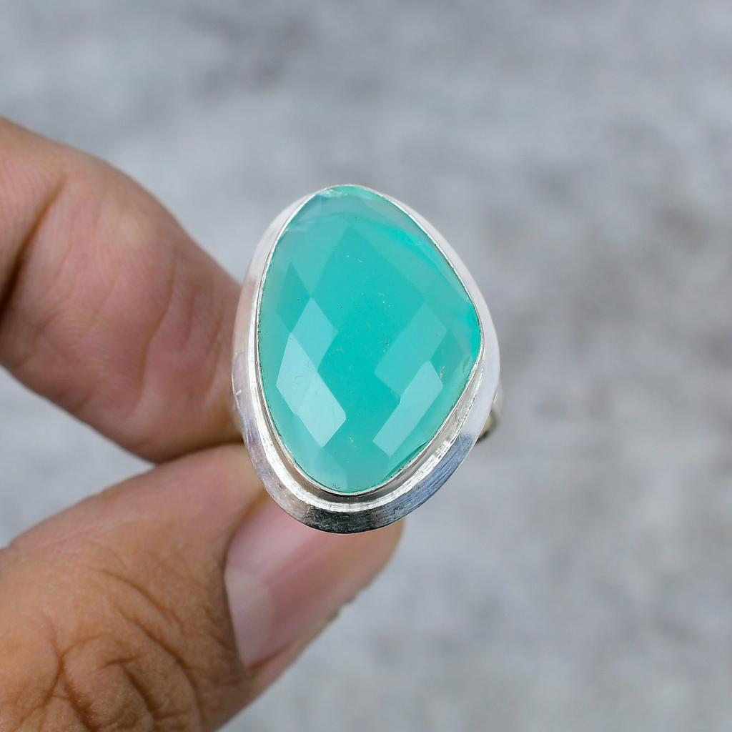 Green Chalcedony Gemstone Handmade 925 Sterling Silver Jewelry Ring Size 9 M-253