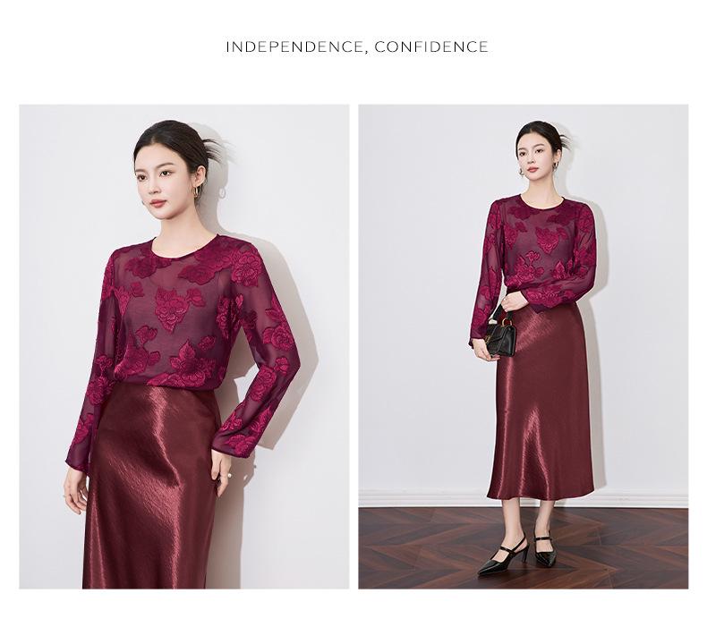 Elegant Georgette Cut-Out Long Sleeve Top - New Chinese Round Neck Style (2501209)