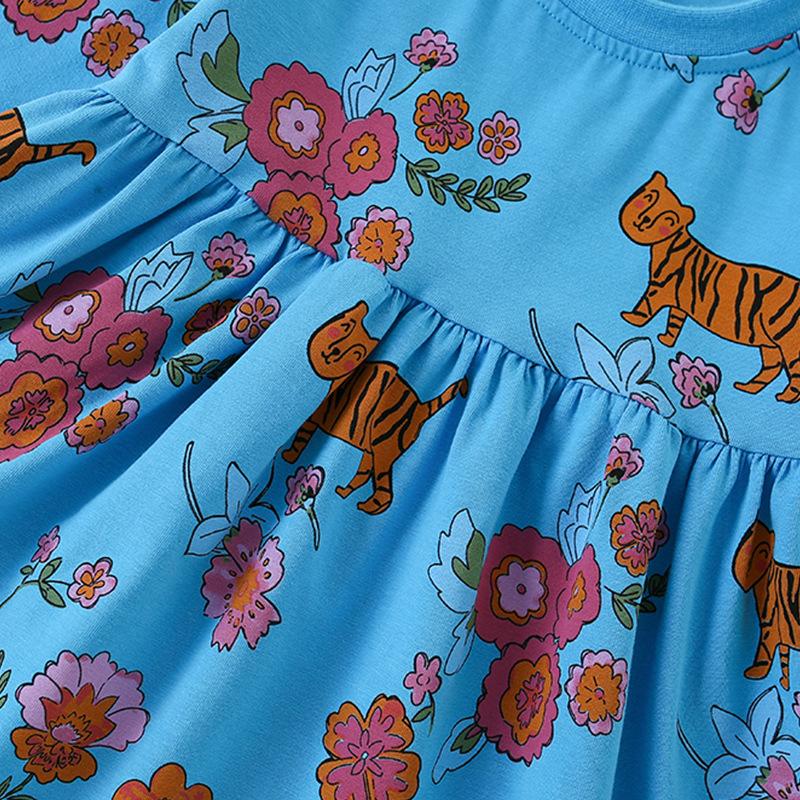 2025 весна осень чистый хлопок милый цветочный принт платье принцессы для девочки с длинным рукавом юбка милые девочки свободные синие платья детская одежда