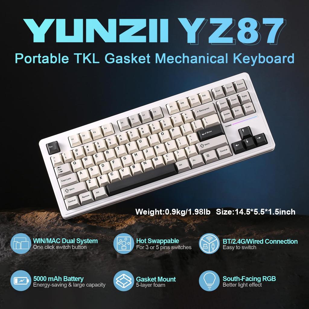 YUNZII YZ87 Mechanical Keyboard with Gasket TKL Wireless Hot Swapper Gaming Keyboard 4 Layer Pad NKRO RGB Backlight for Technical Compliance Certified