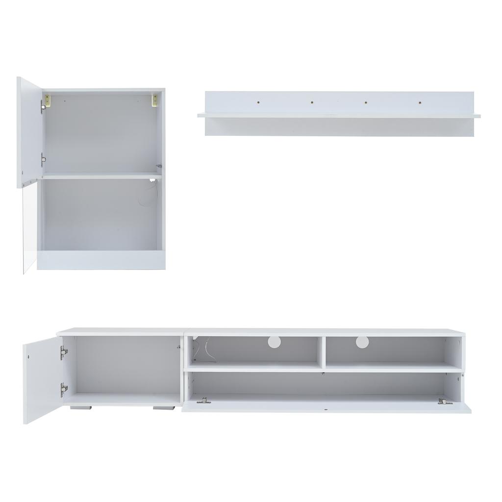 175*39*34cm TV Wall Unit with Display Cabinet (3-Piece Set), TV Board, Standing Shelf and Wall Shelf, LED and High Gloss, TV up to 80', White