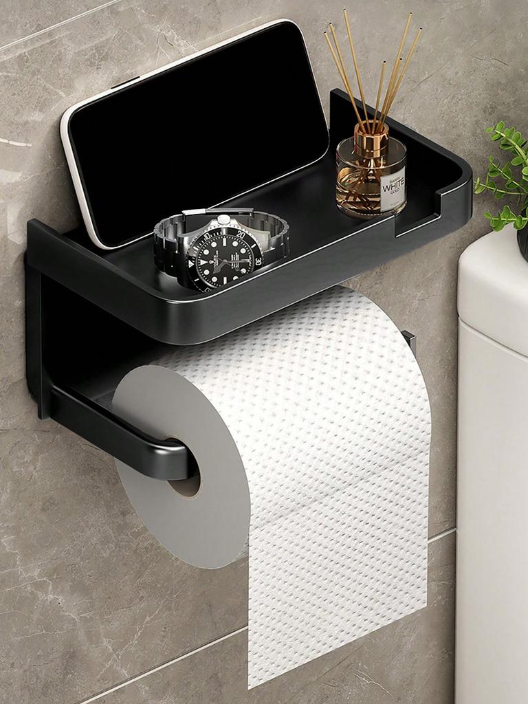 1pc No-drill Adhesive Wall Mounted Toilet Paper Holder With Storage Shelf