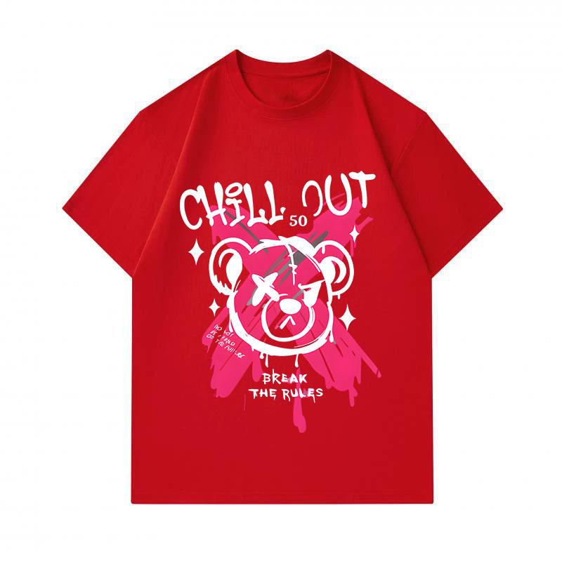Men's 100% Cotton Crew Neck Short Sleeve T-Shirt, Casual Graffiti Angry Bear Print CHILL OUT BREAK THE RULES Pattern Comfy Daily Streetwear Tee for Me
