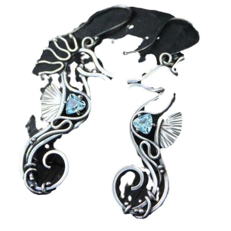 Retro Ethnic Silver Color Spiral Half Circle Heart Earring Vintage Jewelry Antique Metal Carved Pattern Seahorse Dangle Earrings