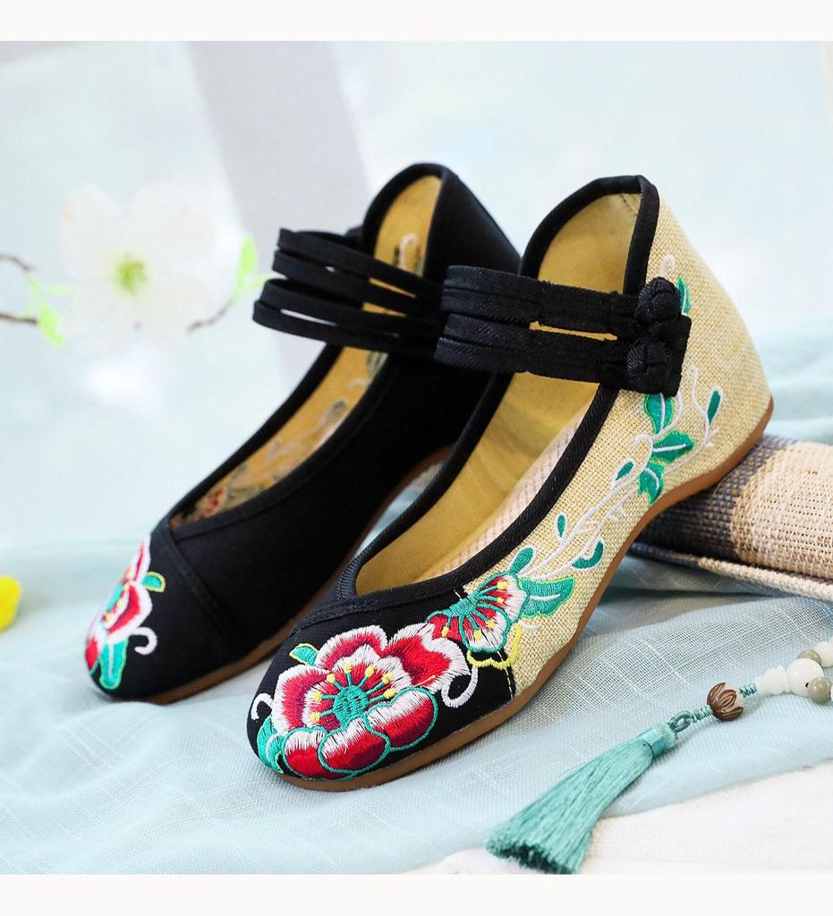 Chinese Embroidered Hibiscus Flowers Cloth Shoes Women's Shoes and Linen Tendon Soles