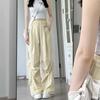 American-Style Milk Yellow Bowknot Wide-Leg Pants for Women Spring/Summer Thin Quick-Dry Parachute Cargo Trousers with High-Waisted and Draped Design