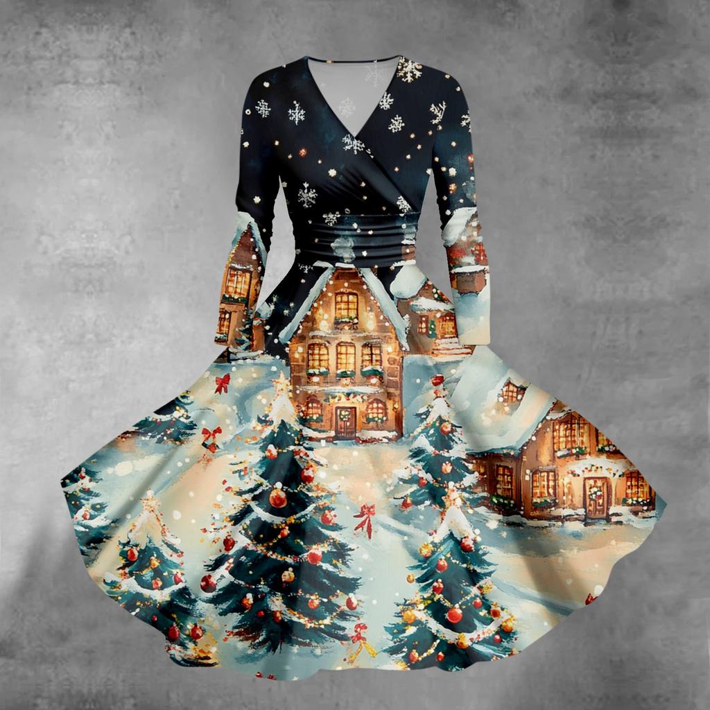 Женское облегающее платье свободного кроя с принтом рождественской елки и снежинок, V-образным вырезом и длинными рукавами