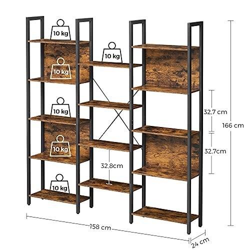 Bookcase, Shelves with 14 Storage Shelves, Metal Frame, Living Room, Study, Office, Industrial Style, 158 X 24 X 166 Cm, Rustic